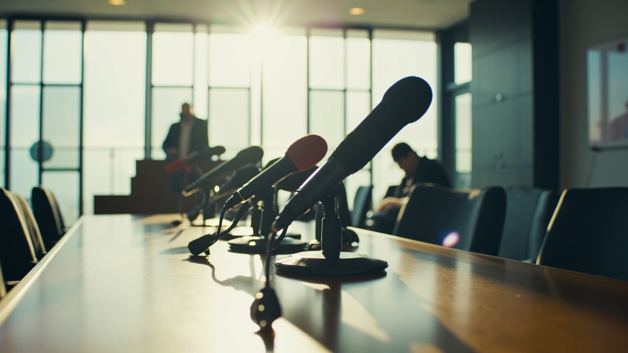 A cricket press conference room with mics on a table in bright daylight