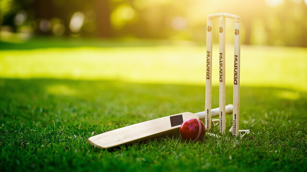 A cricket bat, ball and stumps arranged on bright green turf with sunlight