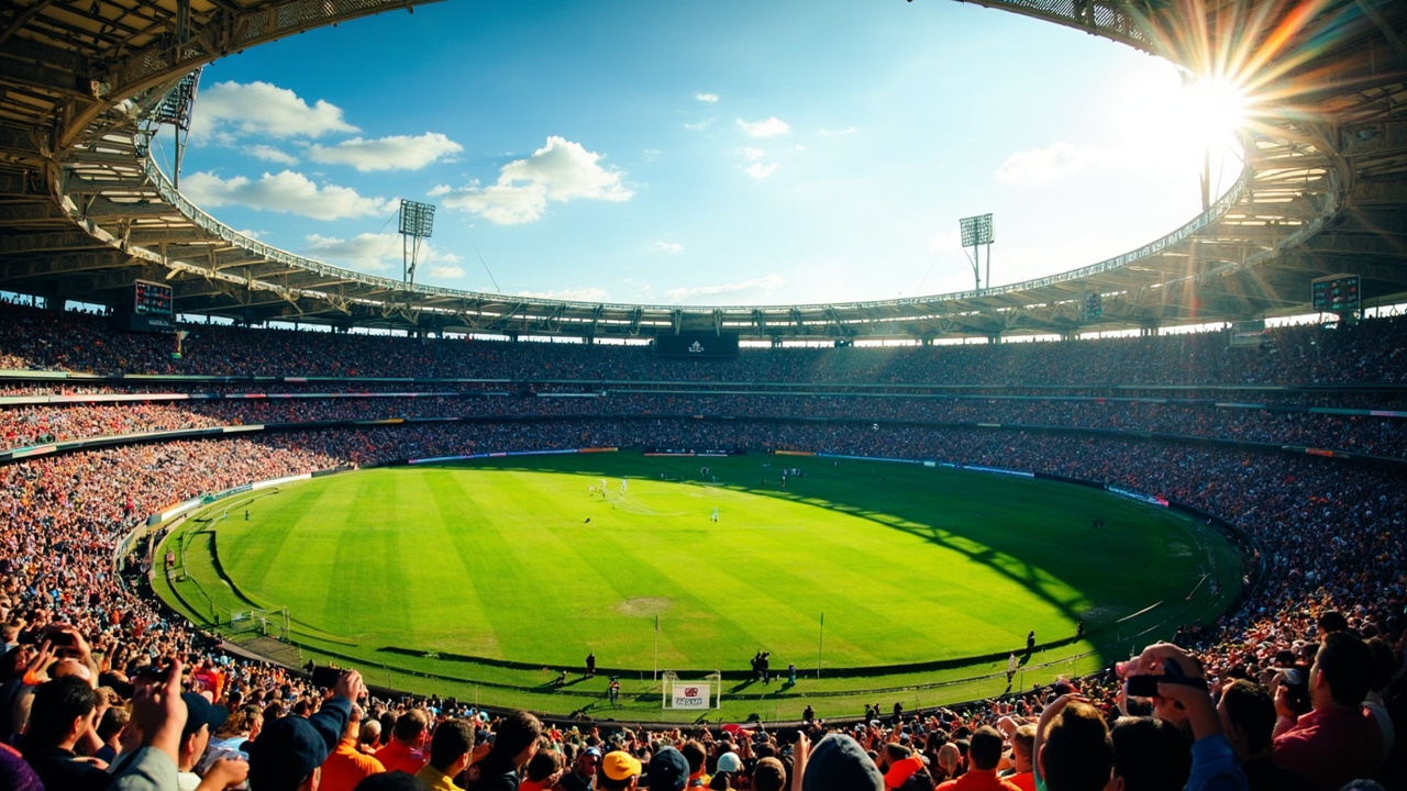 An Indian Premier League stadium full of fans on a sunny afternoon