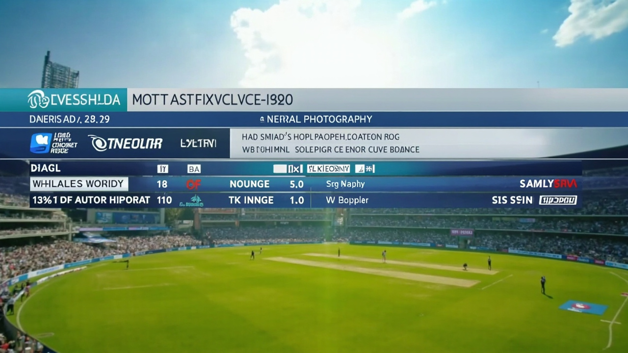 A cricket match live ticker on a stadium screen under bright daylight