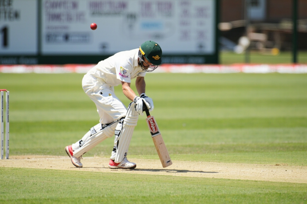 A cricket batsman on strike during a bright afternoon match with scoreboard in the background