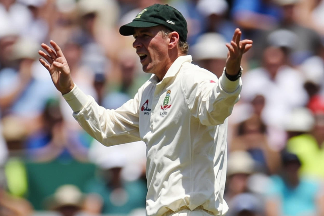 A cricket captain in coloured jersey pointing to the dugout during a daytime match