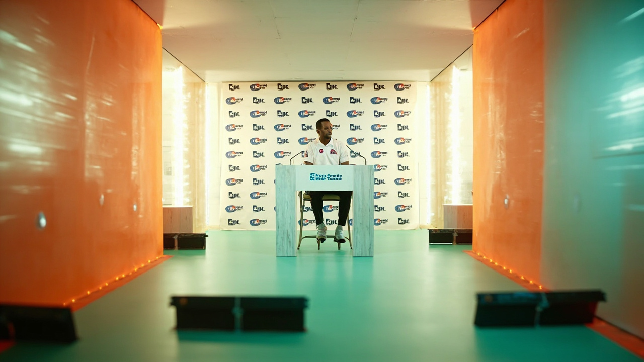 A cricket press conference room with mints and orange backdrop in bright daylight