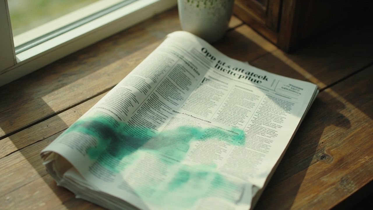 An editorial standards notebook with mint ink markings on a wooden desk in daylight