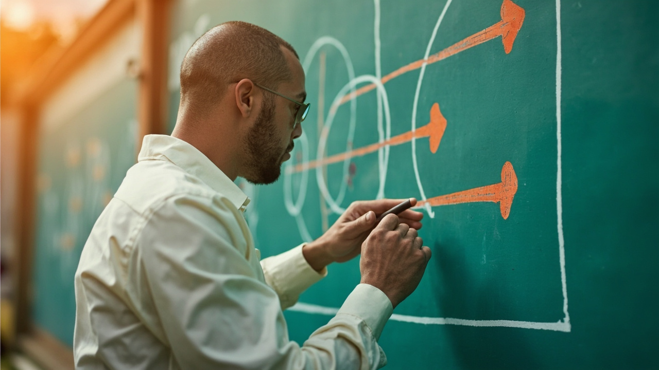 A cricket analyst pointing at a tactical chalkboard with match-up arrows under bright daylight