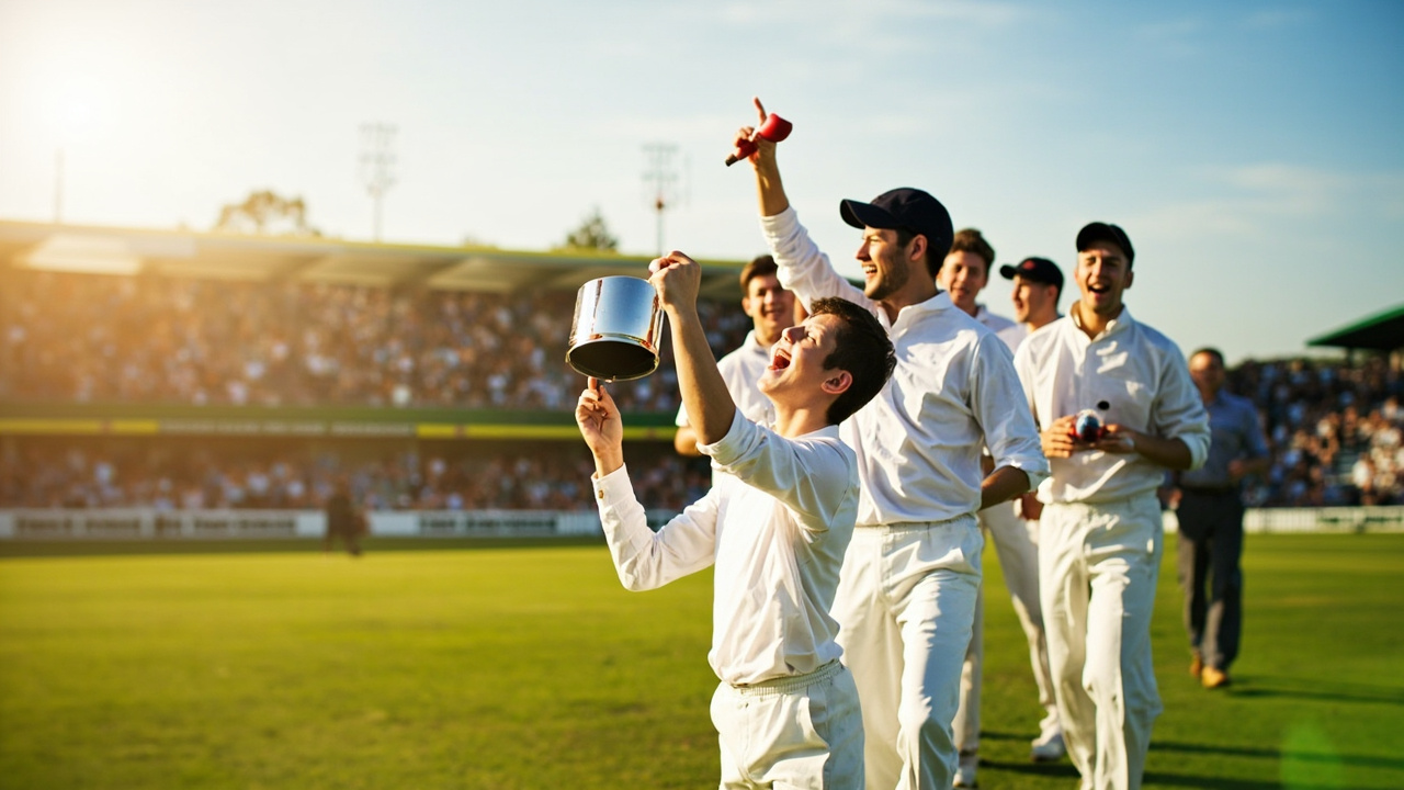 Amateur cricket winners holding a trophy on a sunny turf