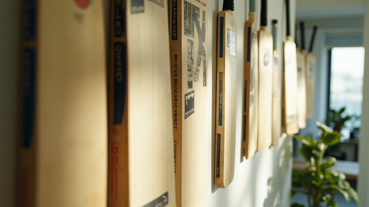 A modern Indian startup office with cricket bats hung on the wall in bright daylight