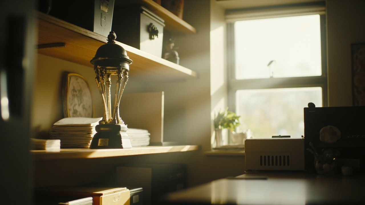 An office pantry area with a cricket trophy on the shelf in bright window light