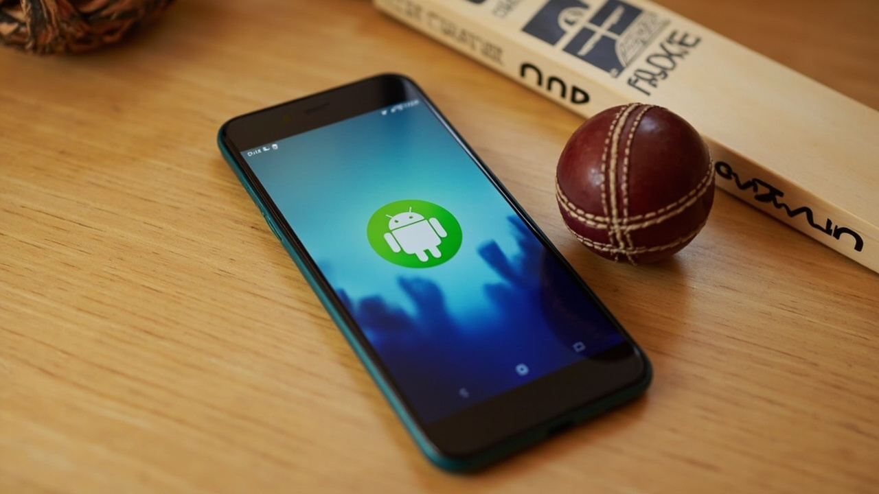 An Android app icon on a smartphone screen with a cricket ball and bat on a wooden desk in bright daylight