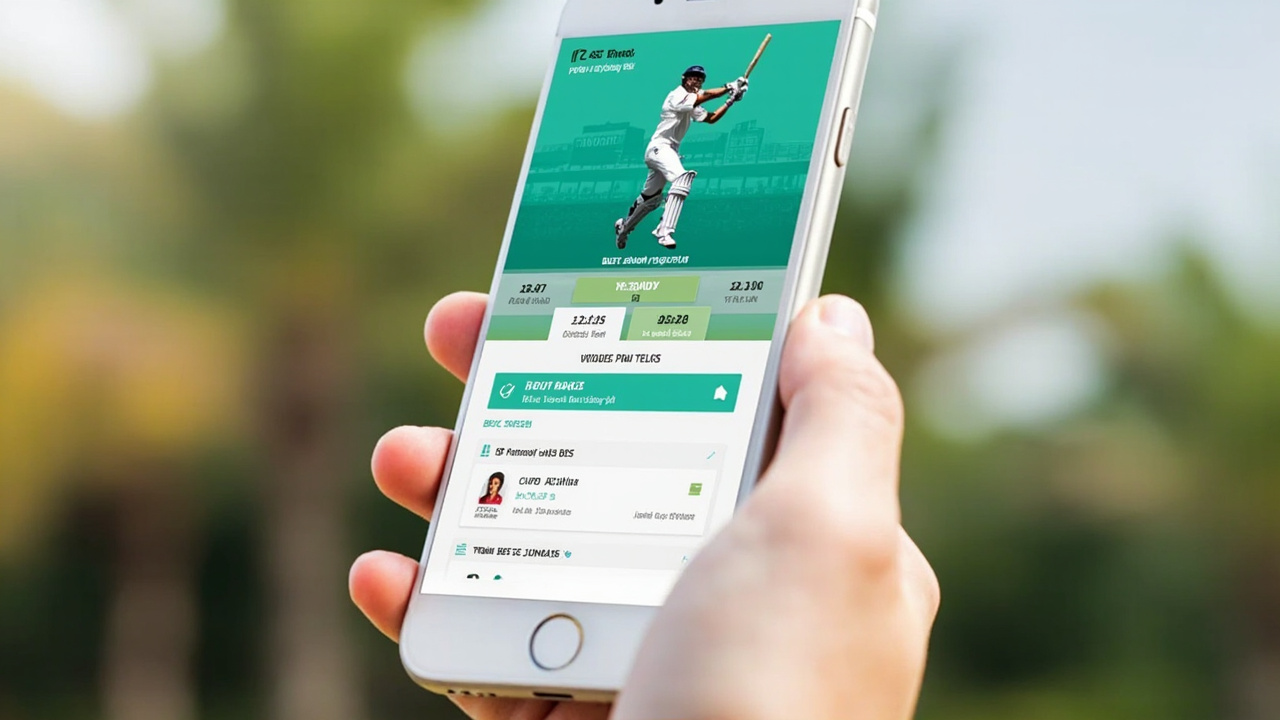 A smartphone displays the Fantoss app interface in mint and white colours with player cards and contest list in bright daylight