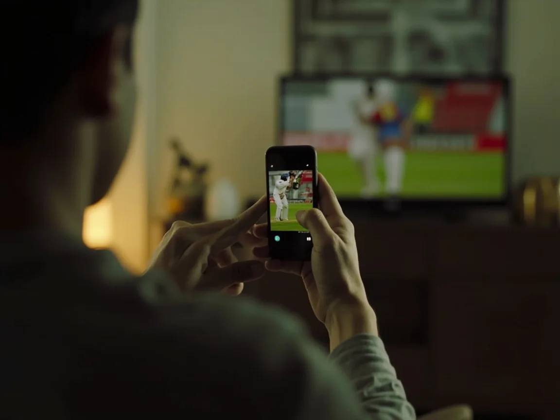 A hand building a fantasy cricket team on a smartphone in bright daylight, showing the lineup screen with player cards and captain badge