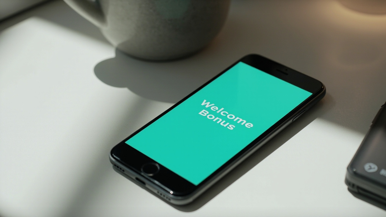 A smartphone showing a welcome bonus notification with mint highlight on a wooden desk in bright daylight