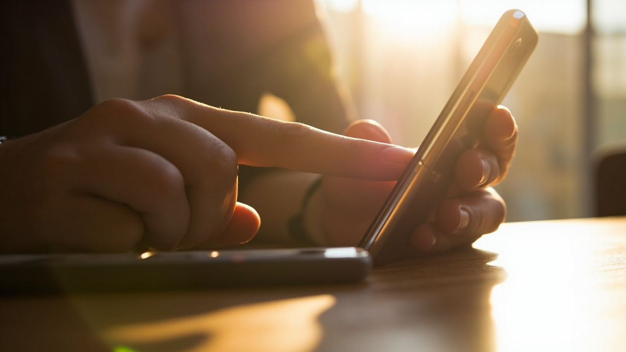 A hand tapping a delete button on a smartphone on a wooden desk in bright window light