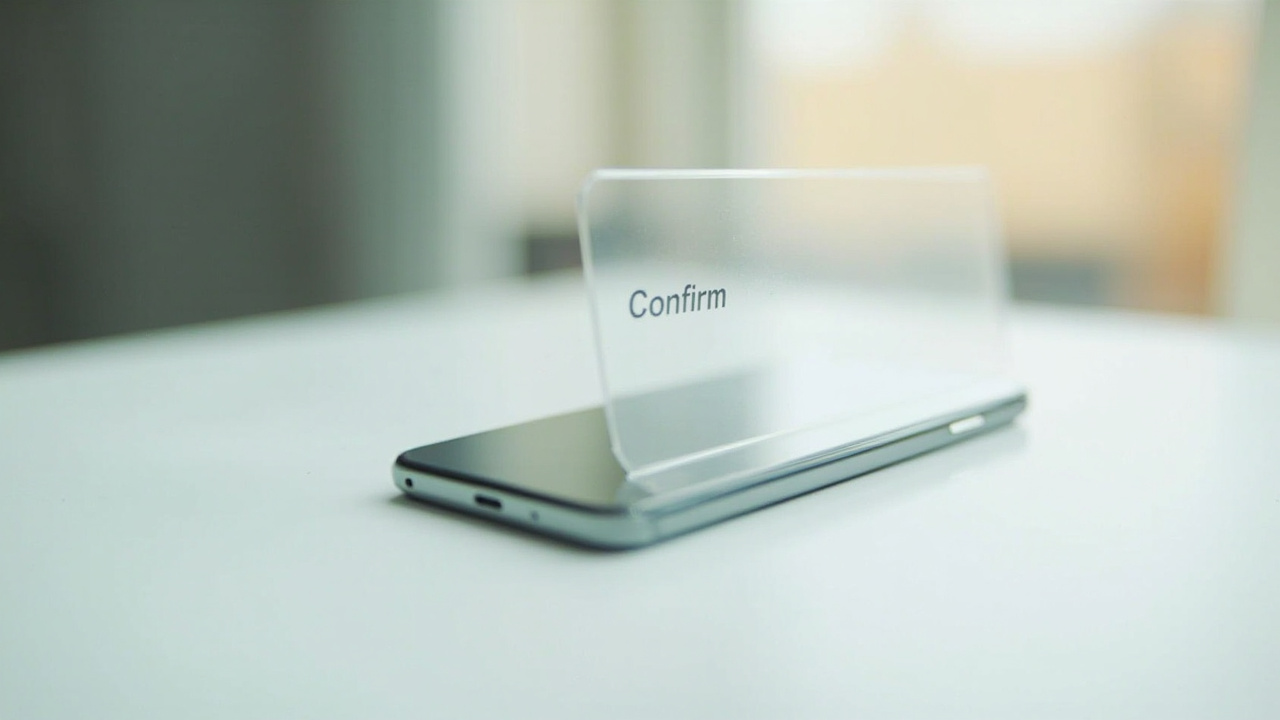 A smartphone with a confirm dialog overlay on a clean desk in bright daylight
