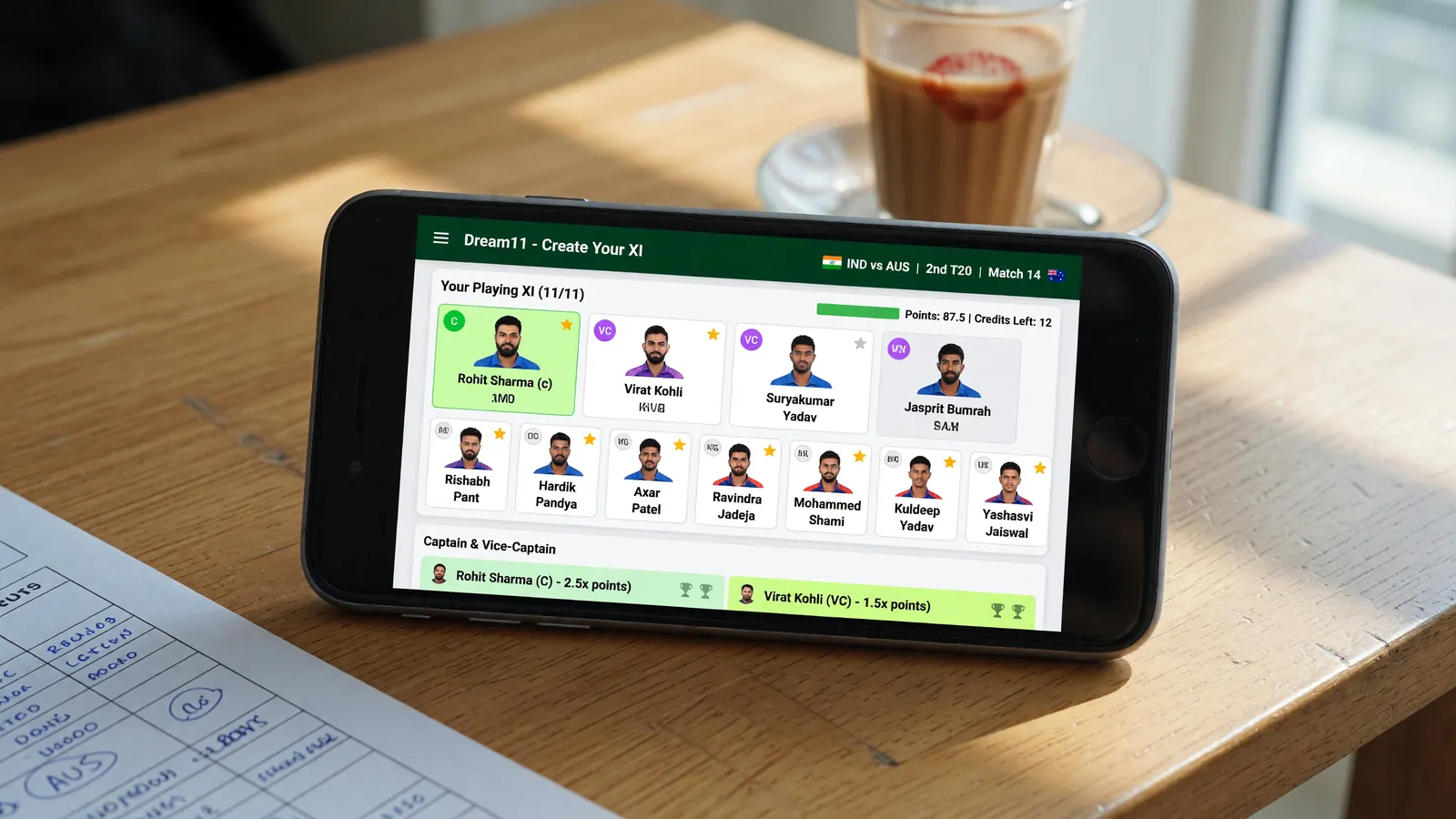 A live cricket match scorecard on a smartphone with mint-coloured captain badge in bright daylight