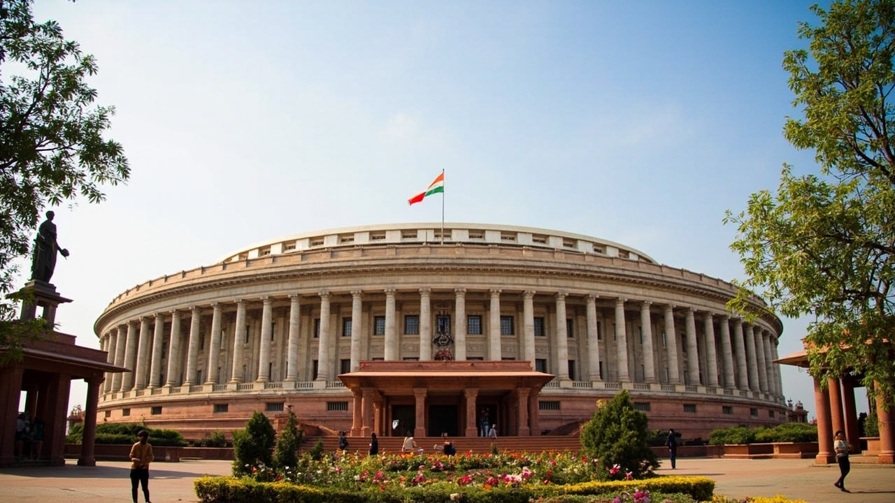 The Indian parliament building exterior in bright daylight
