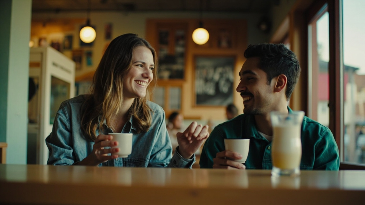 Two friends sharing a referral code over chai at a cricket ground cafe in bright daylight