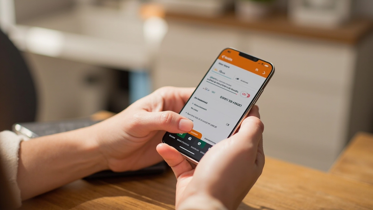A hand typing a referral code on a smartphone on a wooden desk in bright daylight