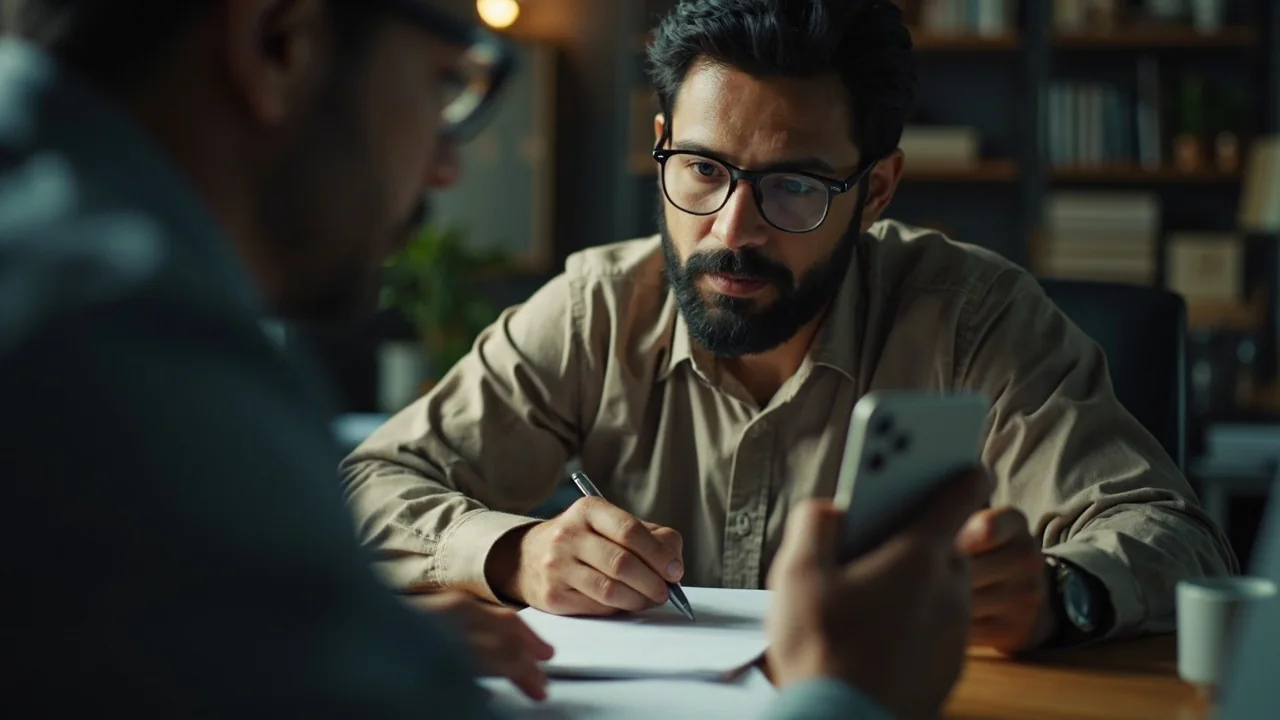 A cricket fan reading an app review on a smartphone at a sunny stadium