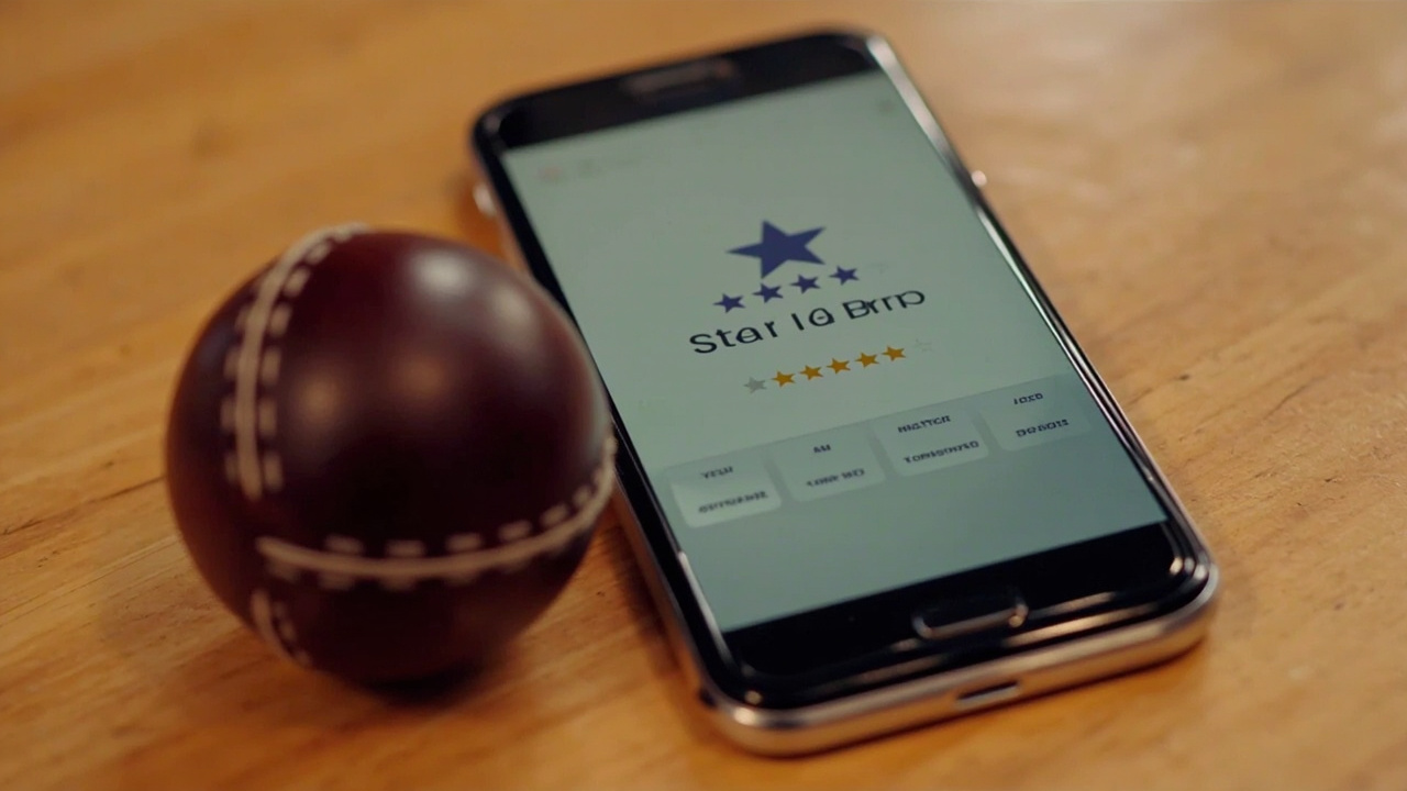 A star rating display on a smartphone with a cricket ball next to it on a wooden desk in bright daylight