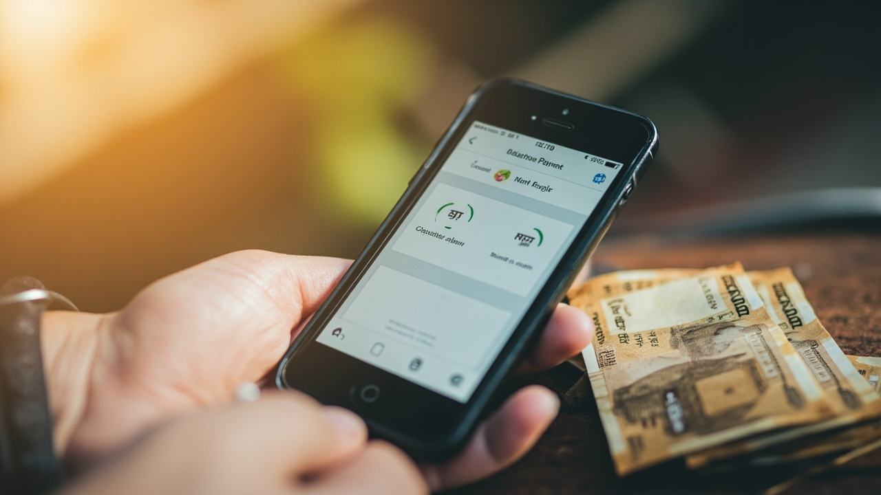 A UPI payment interface on a smartphone with rupee notes next to it in bright daylight