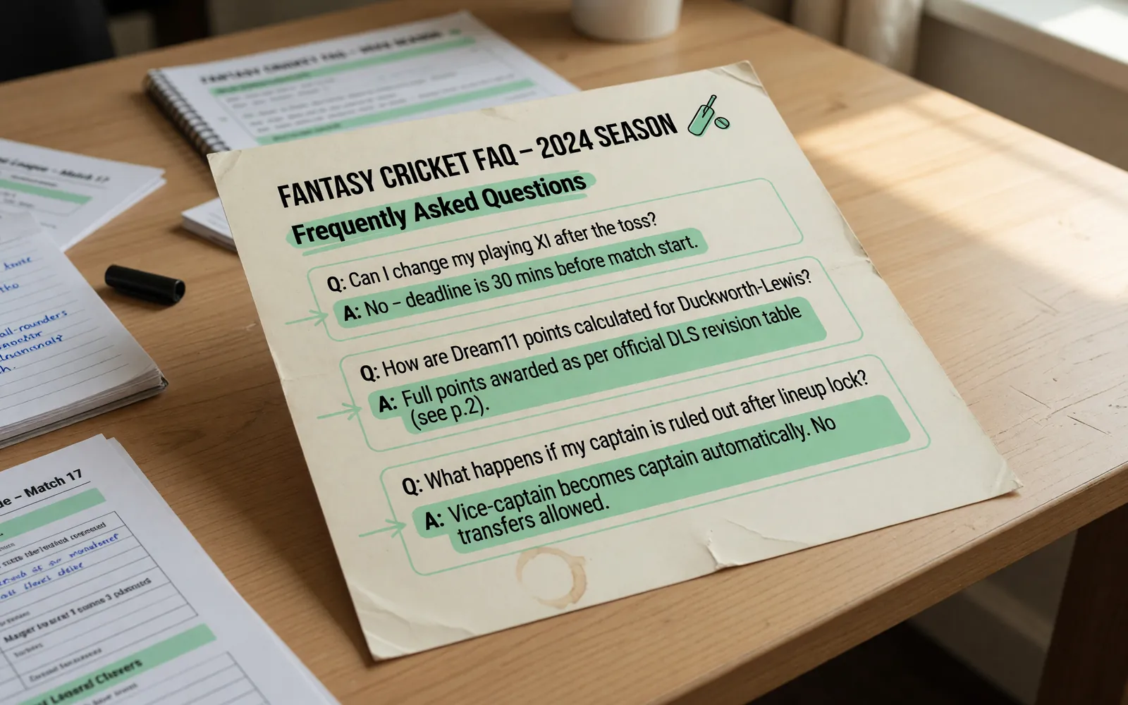 A reader consulting a printed fantasy-cricket FAQ card on a clean wooden desk in daylight