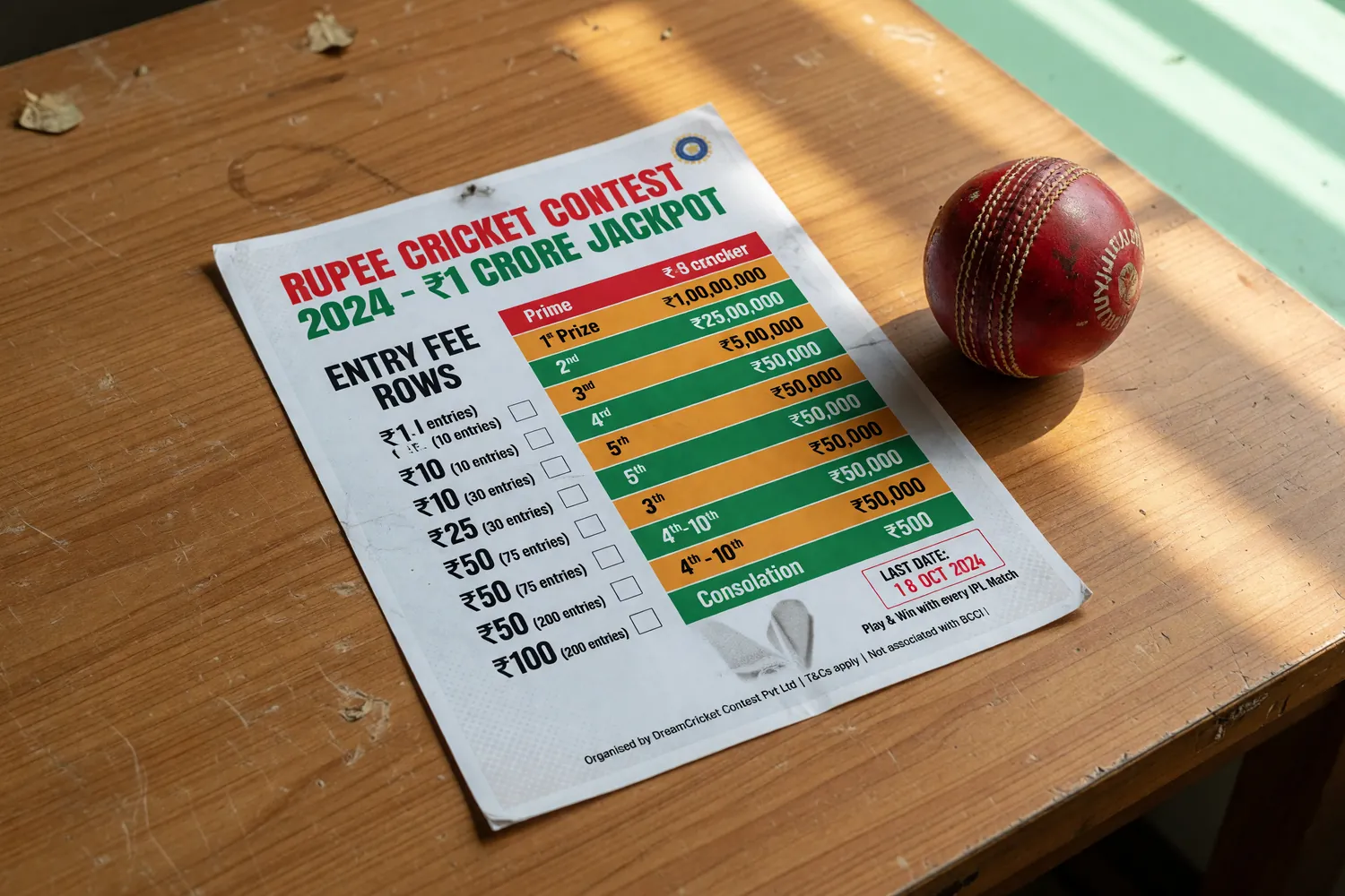 A printed rupee-contest comparison card on a wooden desk in daylight