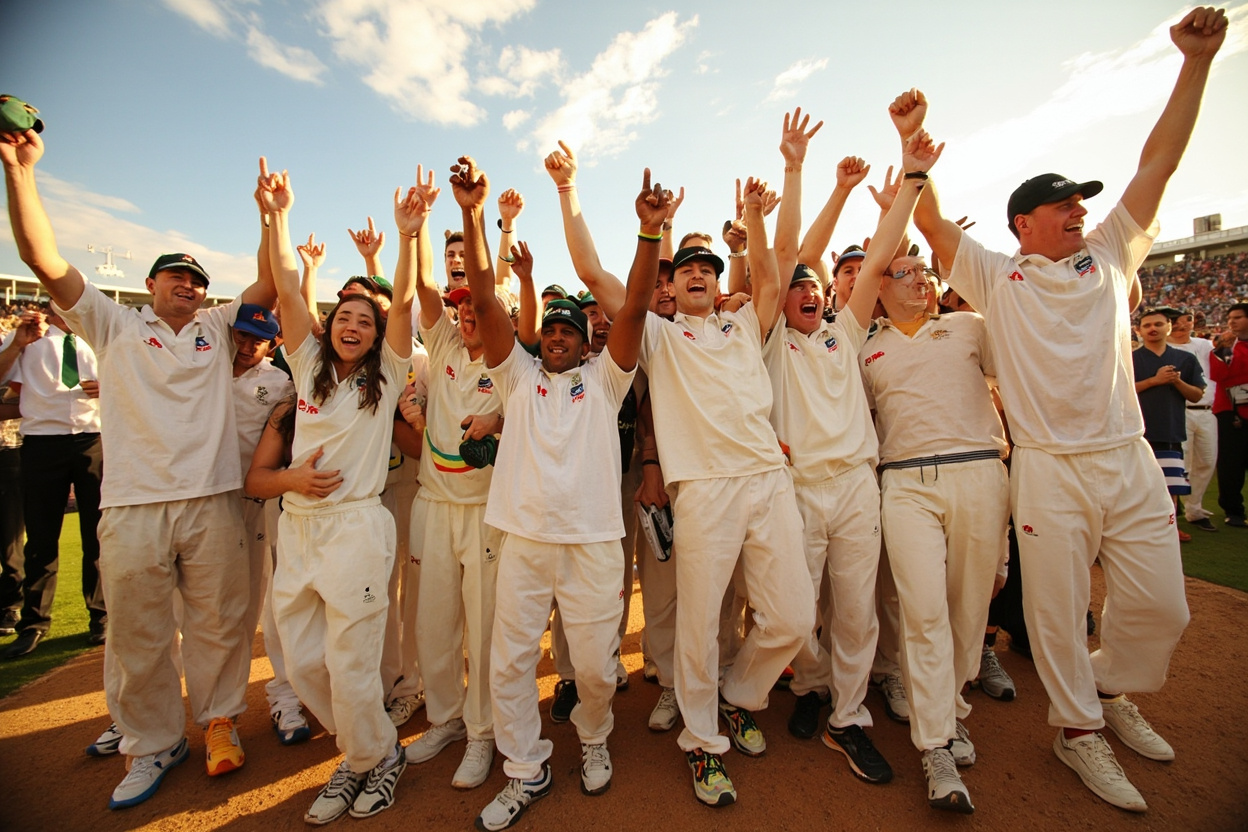Three amateur cricket winners holding a trophy on a sunny turf with arms raised in celebration